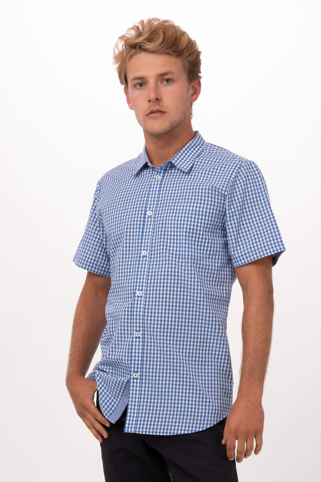 Chefworks Modern Gingham Short Sleeve Dress Shirt Blue S 3XL