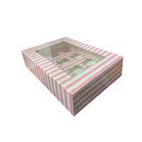 Pink and White Stripe Cupcake Box with PVC Window 12 Wells
